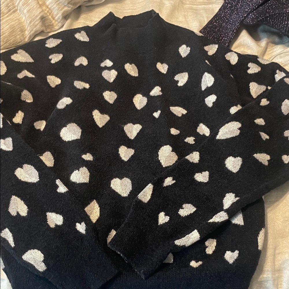 Ann Taylor Black Turtleneck Sweater with Cream Heart Print